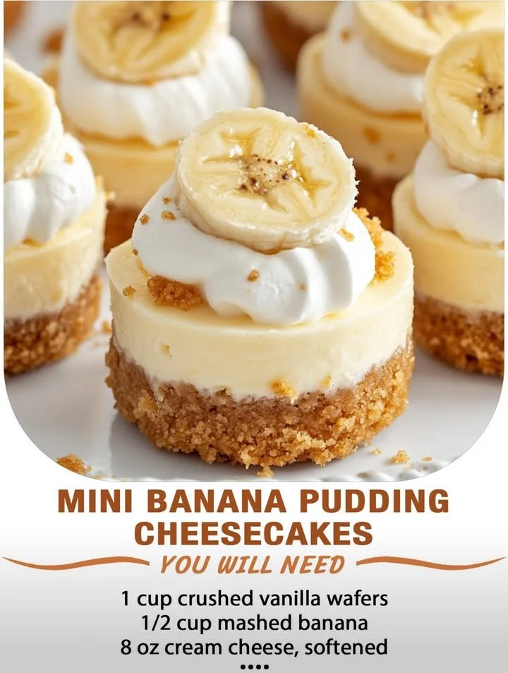Mini Banana Pudding Cheesecakes topped with whipped cream and banana slices.
