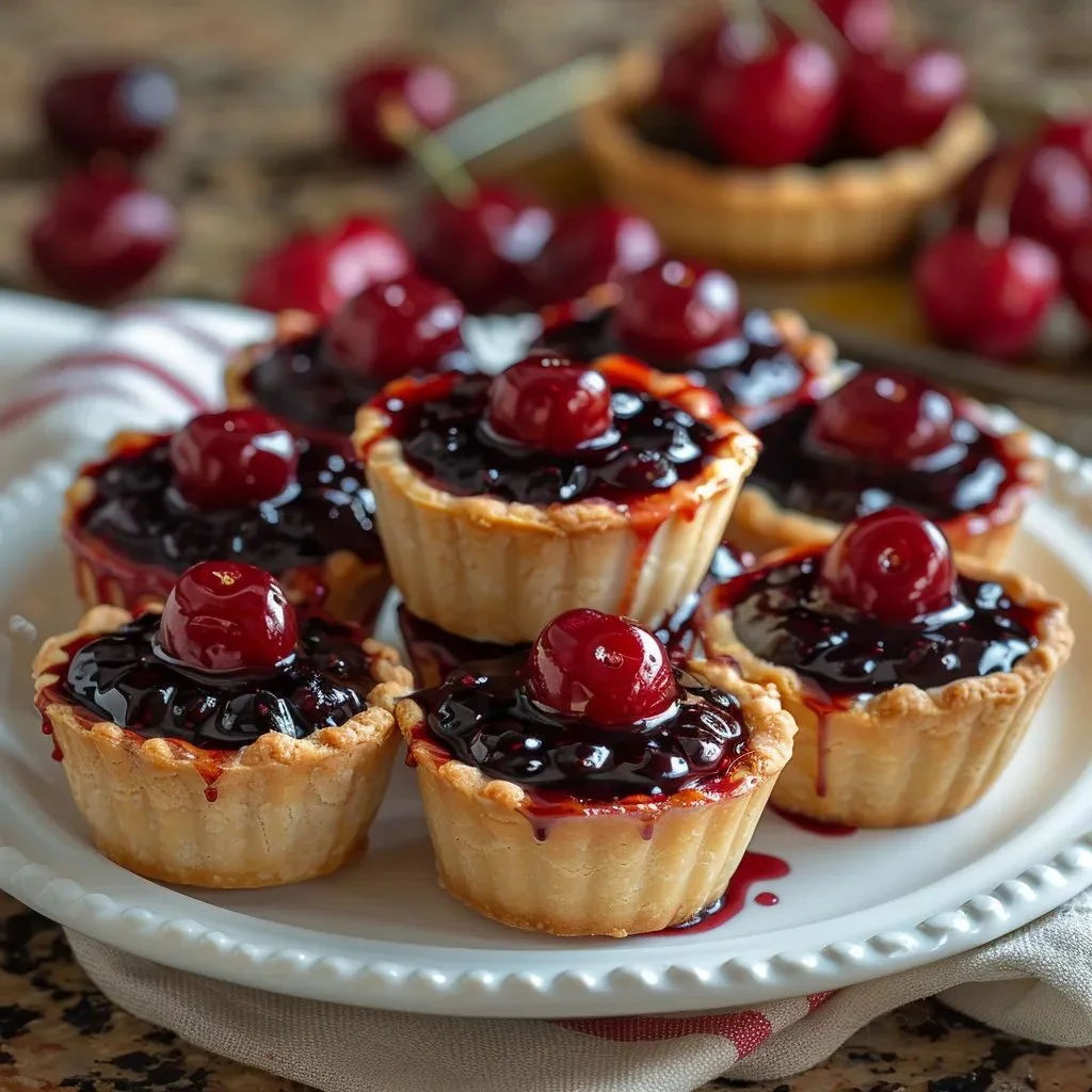 Delicious mini cherry pies arranged on a wooden table.