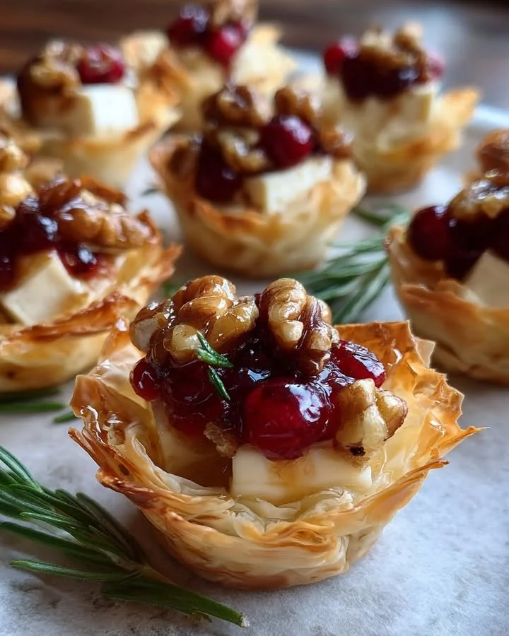 Mini Cranberry & Brie Phyllo Tarts served on a festive platter