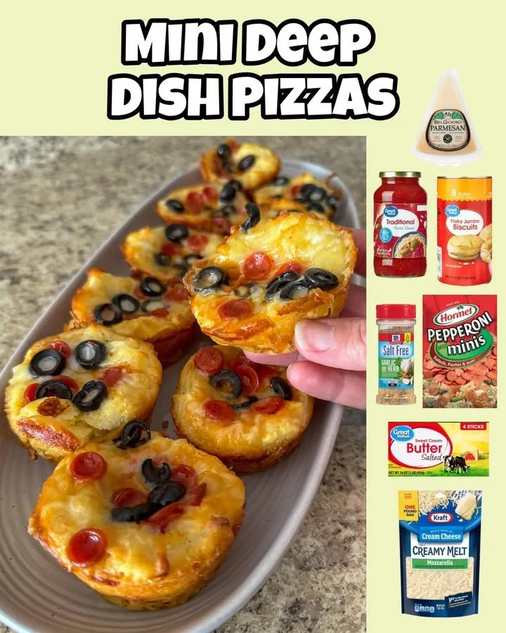 Mini deep dish pizzas topped with cheese and fresh ingredients