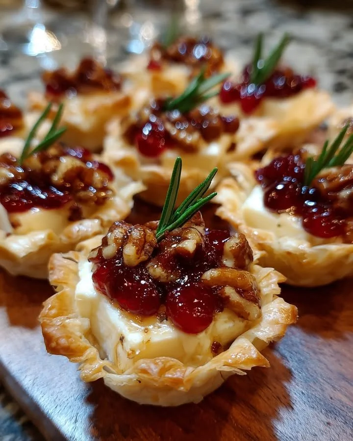 Mini phyllo cups filled with brie, pecans, and drizzle of cranberry sauce.