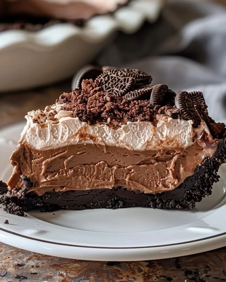 Deliciously layered Mississippi Mud Pie with chocolate and a crunchy crust.