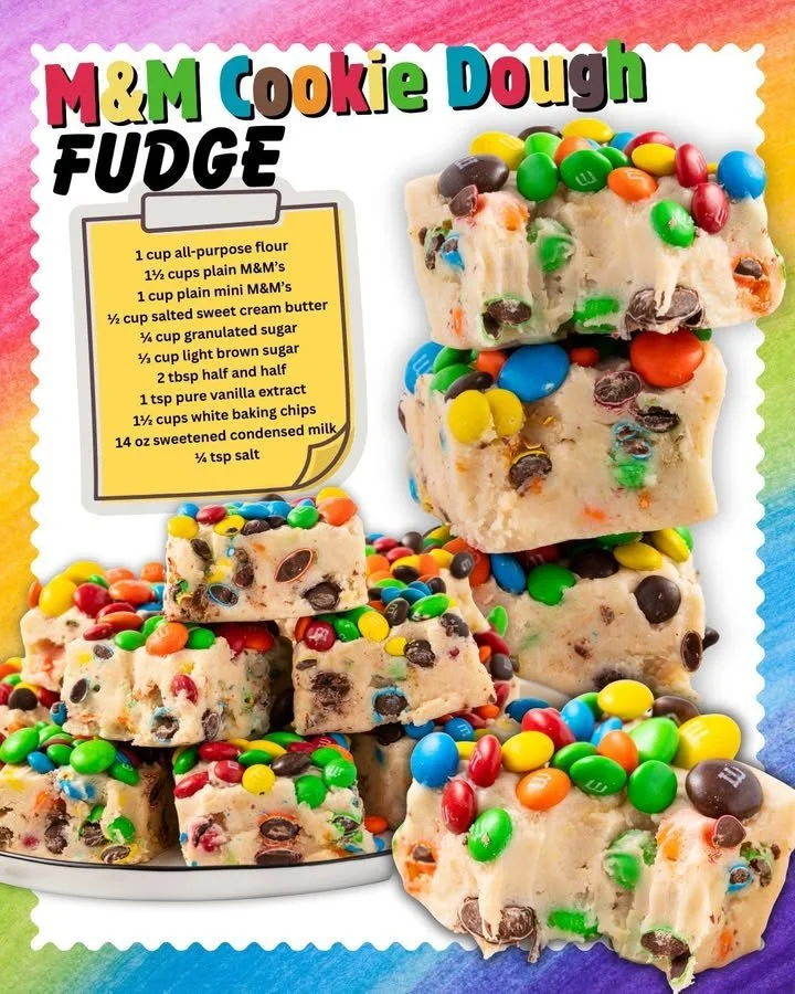 Delicious M&M cookie dough fudge dessert with colorful M&Ms
