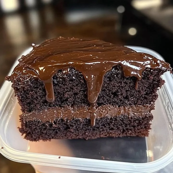 Moist chocolate cake drizzled with gooey chocolate glaze on a white plate