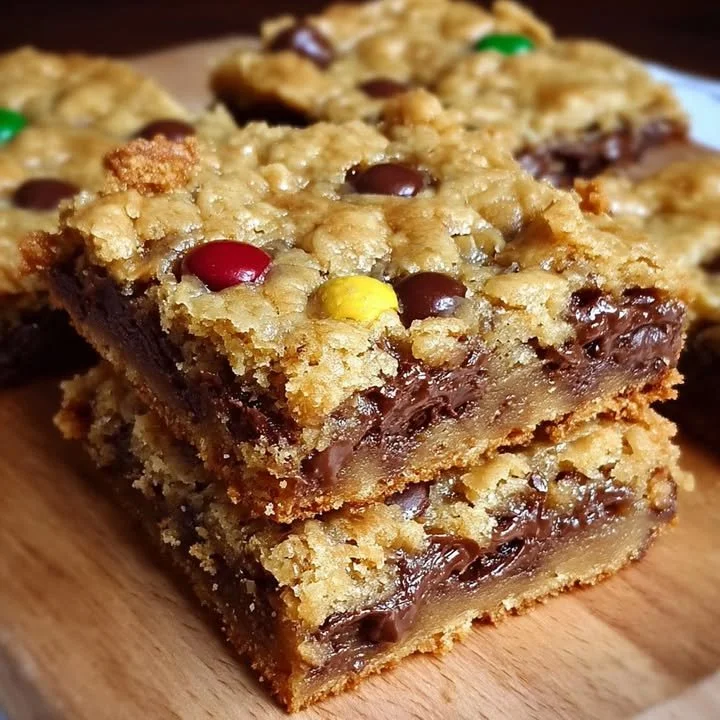 Delicious Monster Cookie Bars topped with chocolate chips and colorful candies.