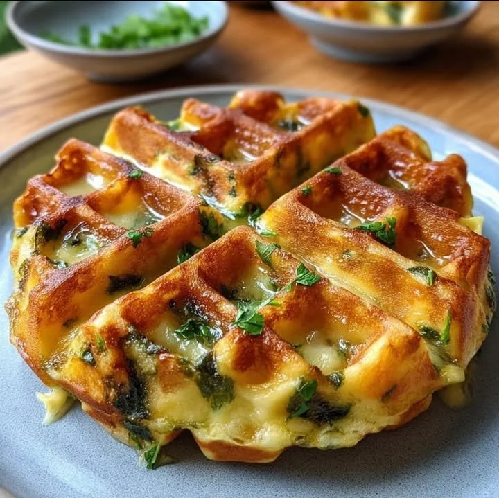 Mozzarella vegetable waffles served on a plate, garnished with fresh herbs.