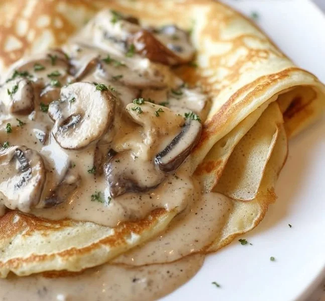 Delicious mushroom crepes served on a plate with fresh herbs.