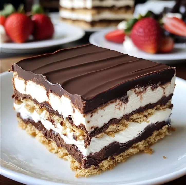 No-bake chocolate eclair cake topped with chocolate frosting and whipped cream.