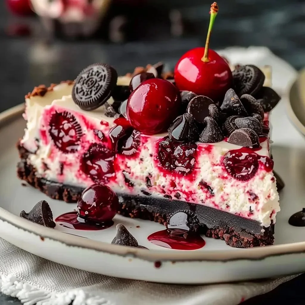No-Bake Oreo Cherry Chocolate Chip Cheesecake topped with cherries and chocolate chips