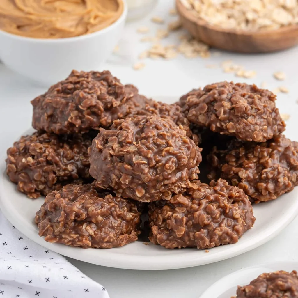 No-bake peanut butter chocolate cookies on a plate, ready to enjoy.