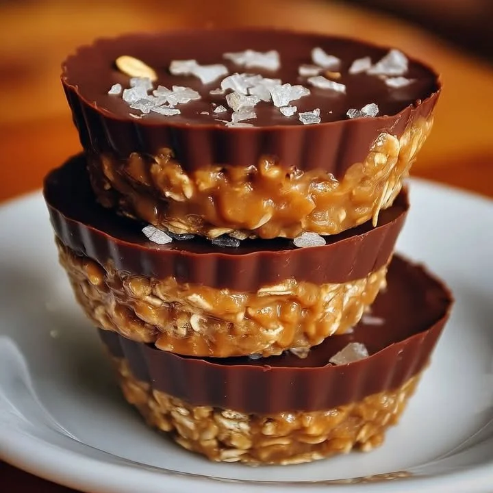 No-bake peanut butter oat cups on a plate garnished with oats.