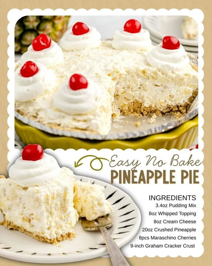 No-bake pineapple pie topped with fresh pineapple slices and whipped cream