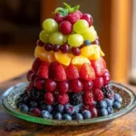 No-bake rainbow fruit tower with berries and citrus slices stacked beautifully