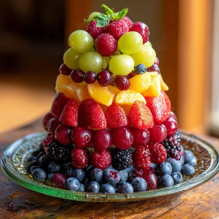 No-bake rainbow fruit tower with berries and citrus slices stacked beautifully