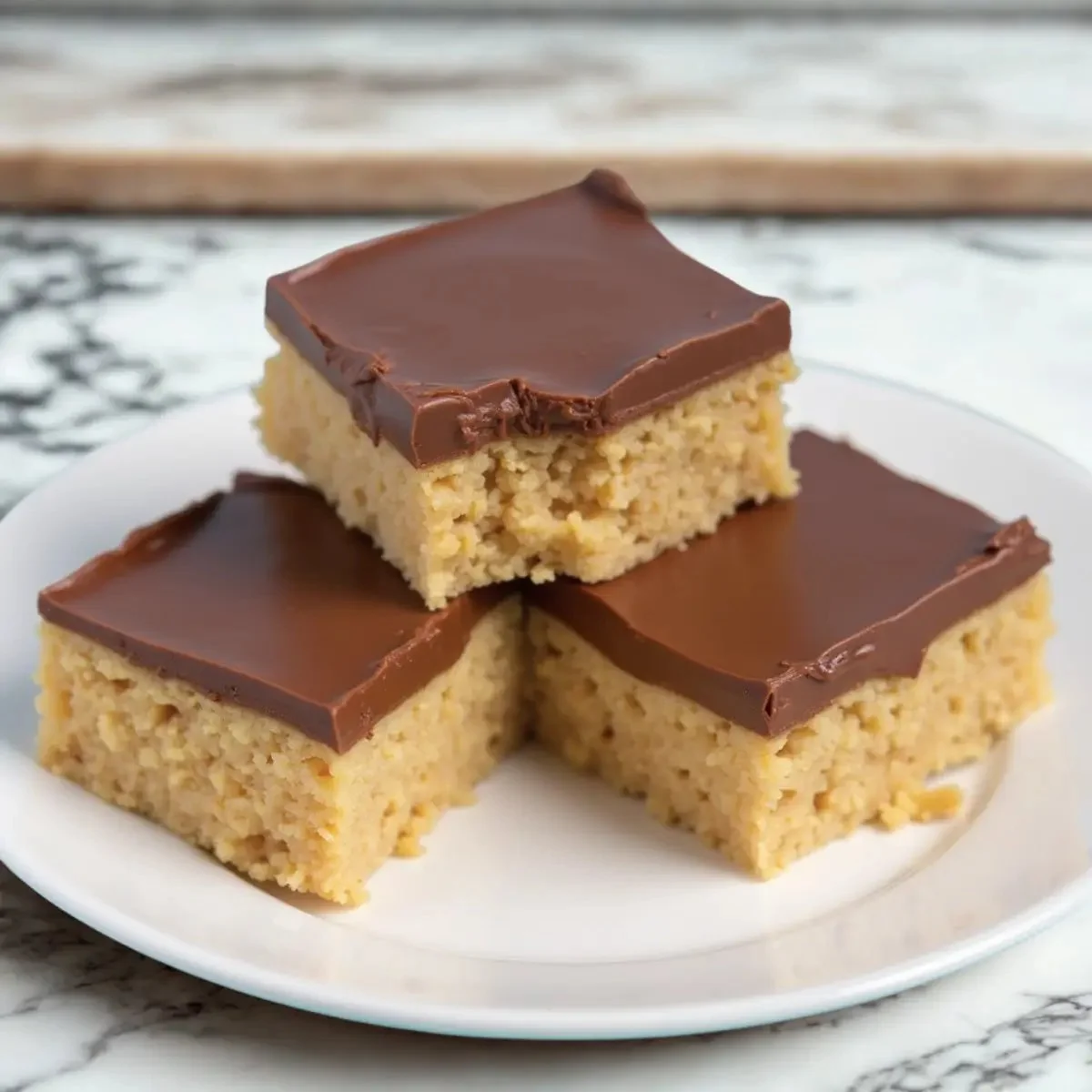 No-bake Scotcheroos with chocolate and peanut butter toppings on a plate.