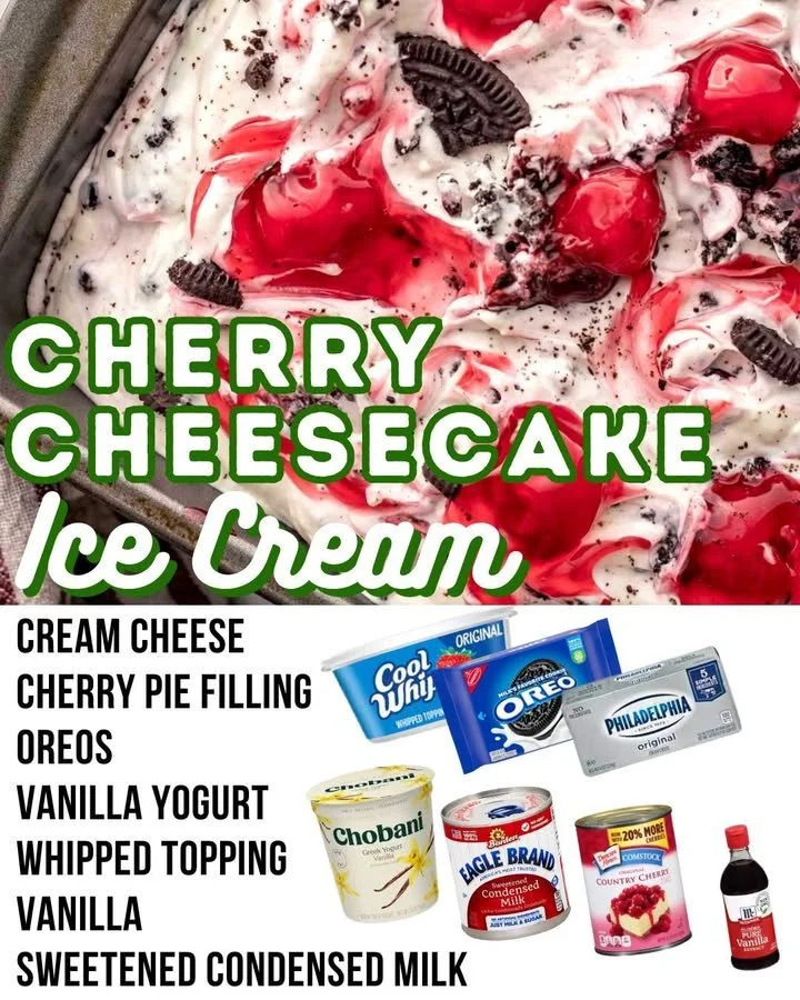 No churn cherry cheesecake ice cream served in a bowl with cherries on top.