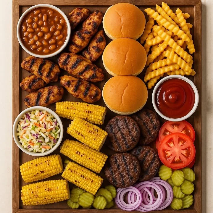 Assorted BBQ dinner boards with grilled meats, vegetables, and sauces