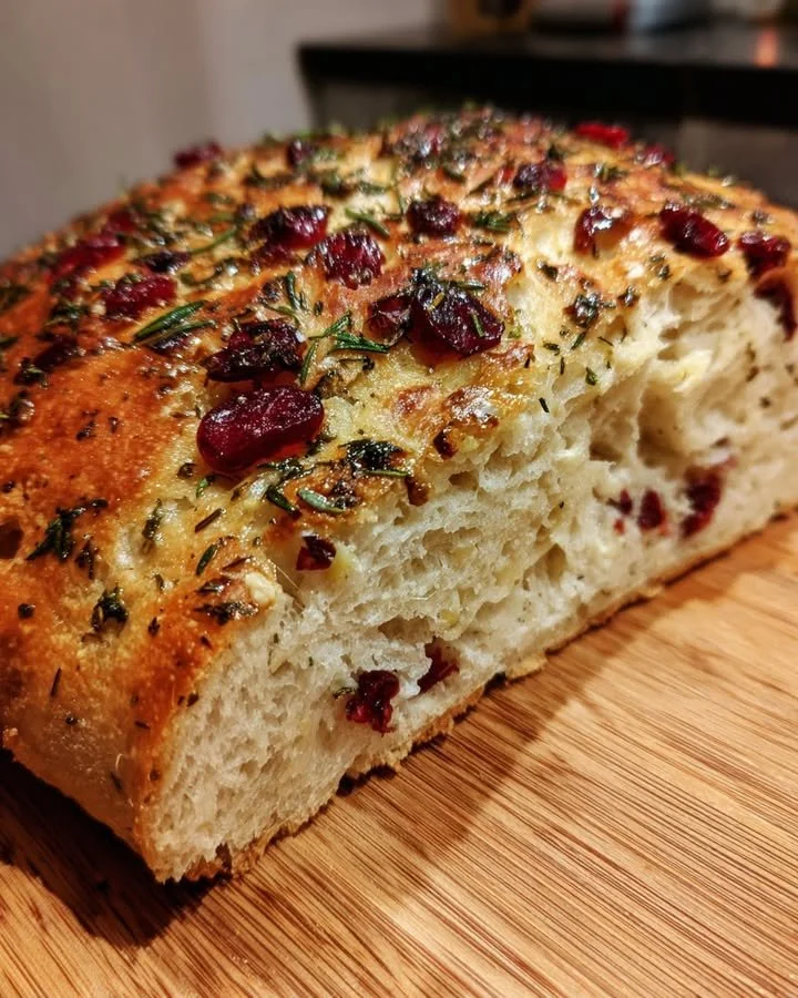 No-Knead Cranberry Herb Bread with Garlic Butter on a wooden table