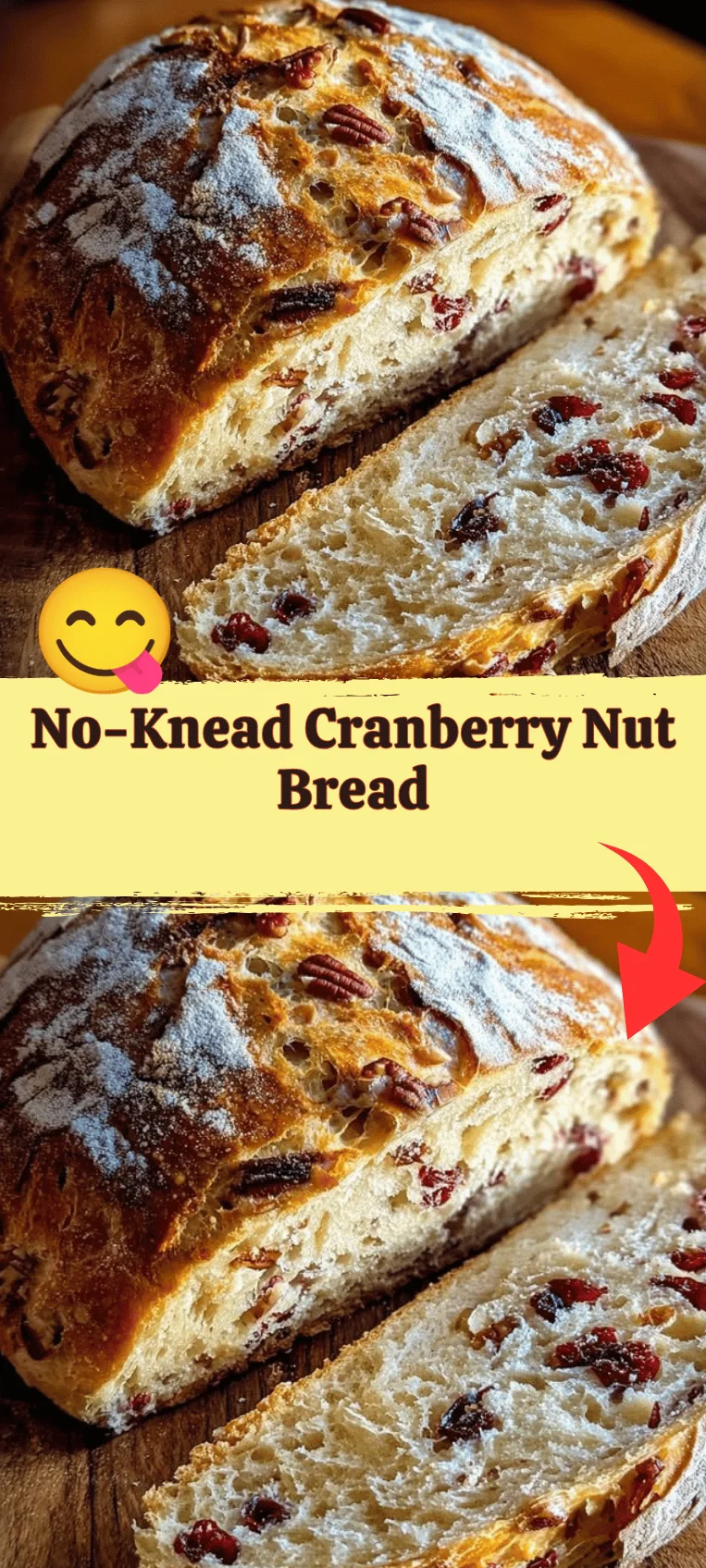 Freshly baked no-knead cranberry nut bread on a wooden cutting board
