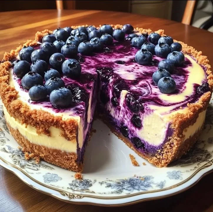 Slice of Nova Scotia Blueberry Cream Cake with fresh blueberries and cream topping