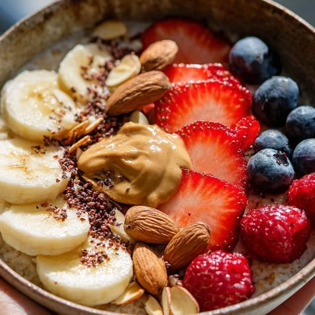 Nutty Banana Berry Oatmeal Bowl topped with fresh bananas and berries