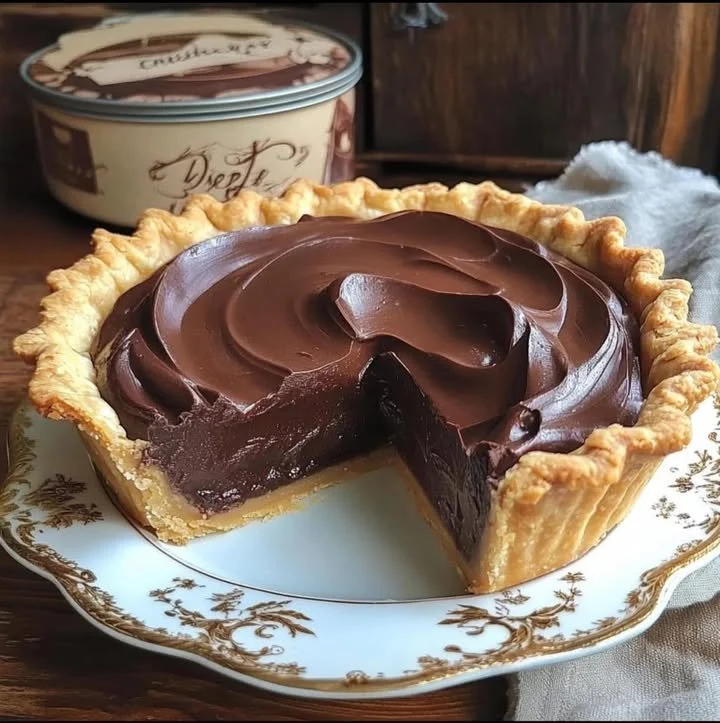 Slice of old-fashioned chocolate pie topped with whipped cream and chocolate shavings.