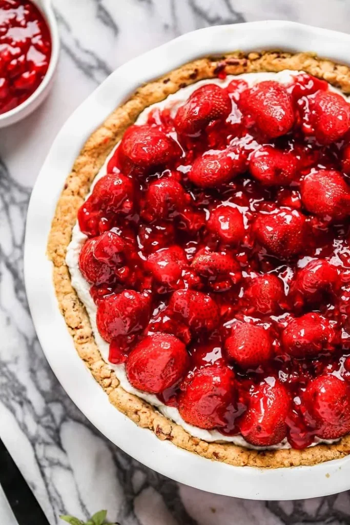 Slice of old-fashioned strawberry cream pie topped with fresh strawberries