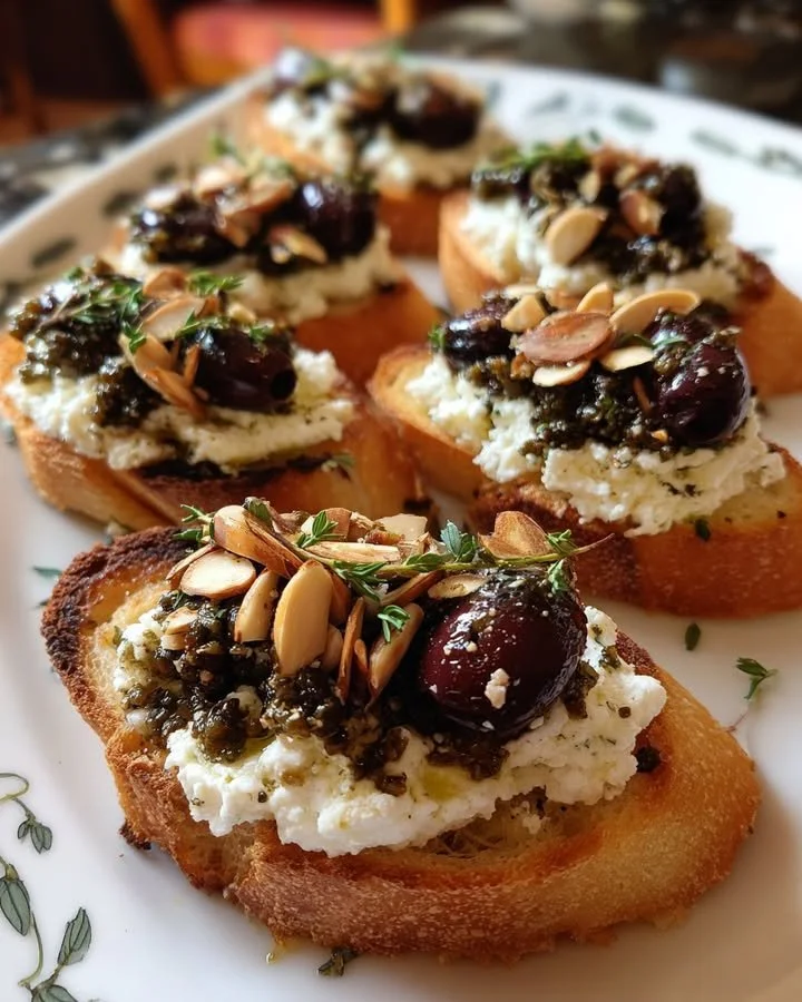 Olive tapenade crostini topped with goat cheese and almonds