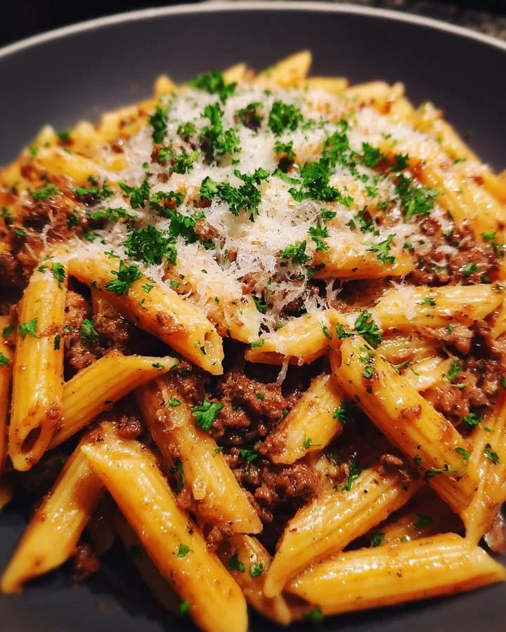 One-Pot Creamy Beef and Garlic Butter Pasta ready to serve in a bowl