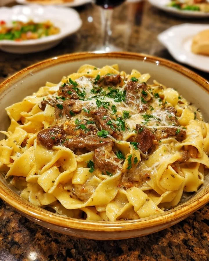 One-pot creamy beef and garlic butter pasta dish served in a bowl