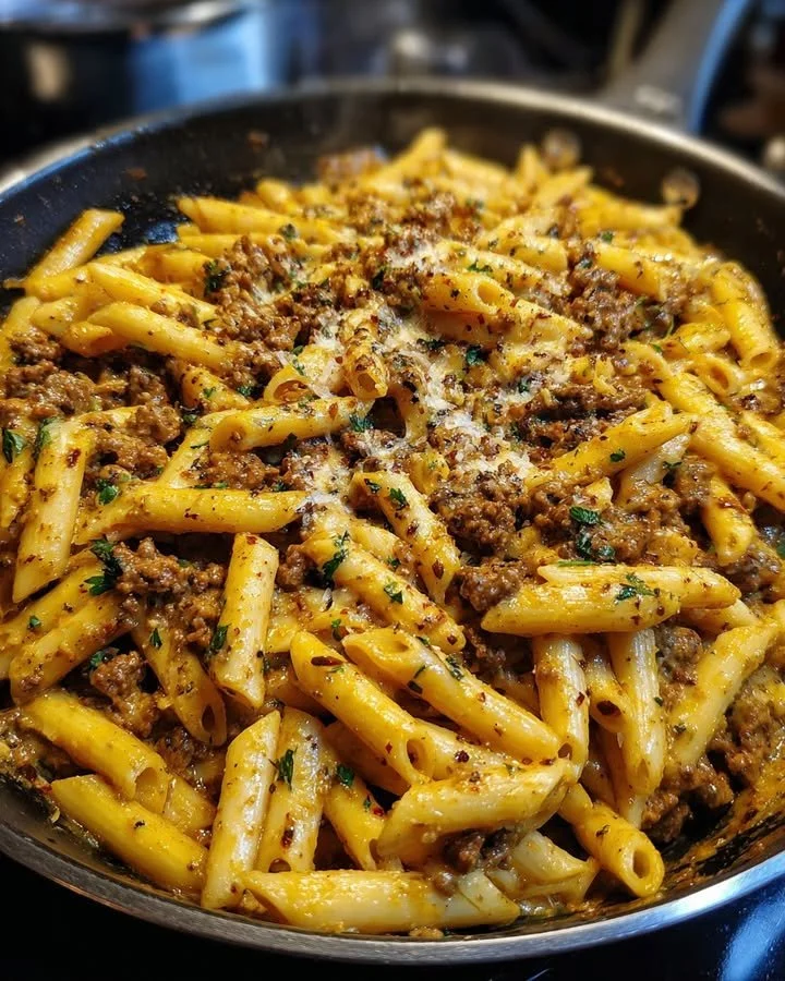 One-Pot Creamy Beef and Garlic Butter Pasta served in a bowl