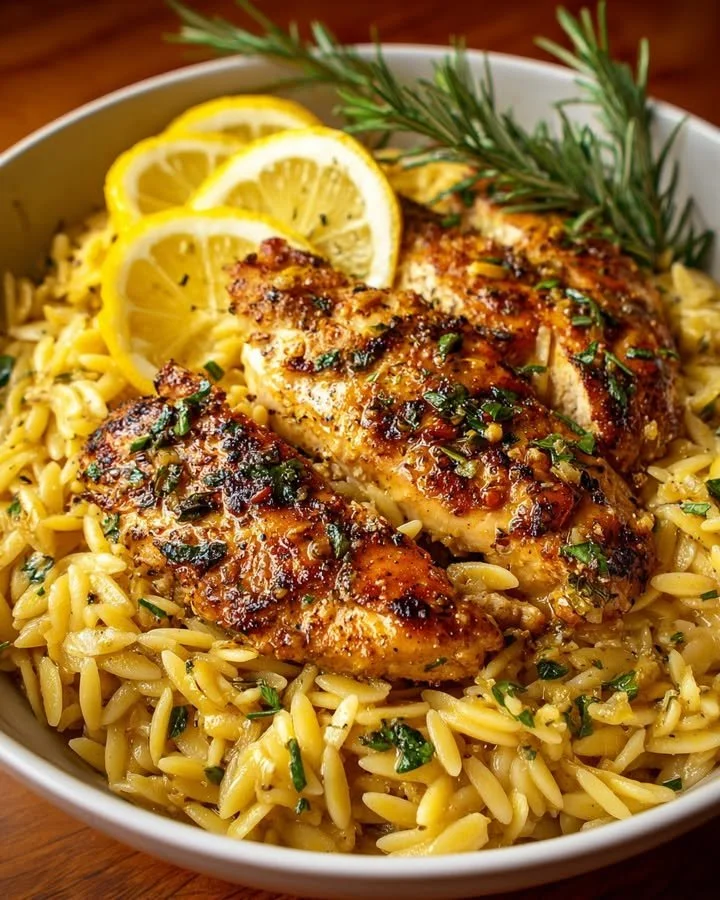 One-pot garlic butter lemon chicken orzo with fresh herbs and lemon slices