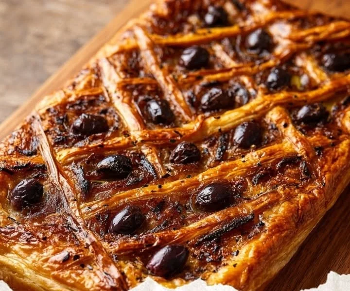 Delicious Onion and Anchovy Tart served on a rustic wooden table.