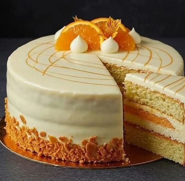Orange cream and white chocolate filled cake decorated with fresh oranges
