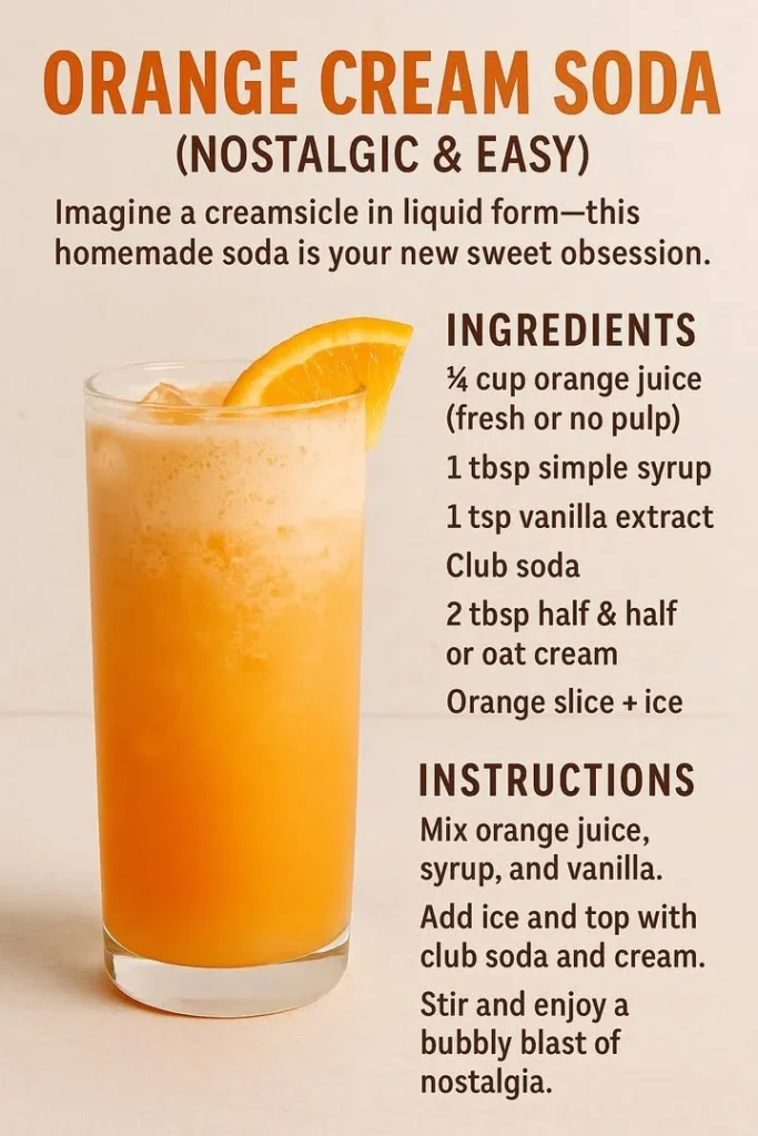Homemade orange cream soda in a glass with ice and orange slices