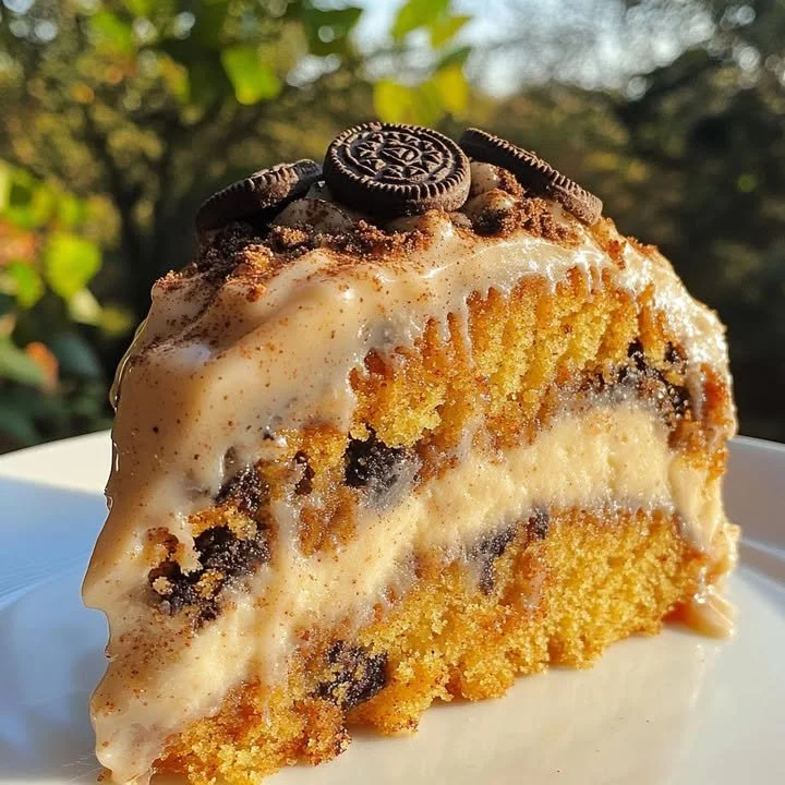 Oreo Honeybun Cake with cinnamon cookies & cream icing on a white plate