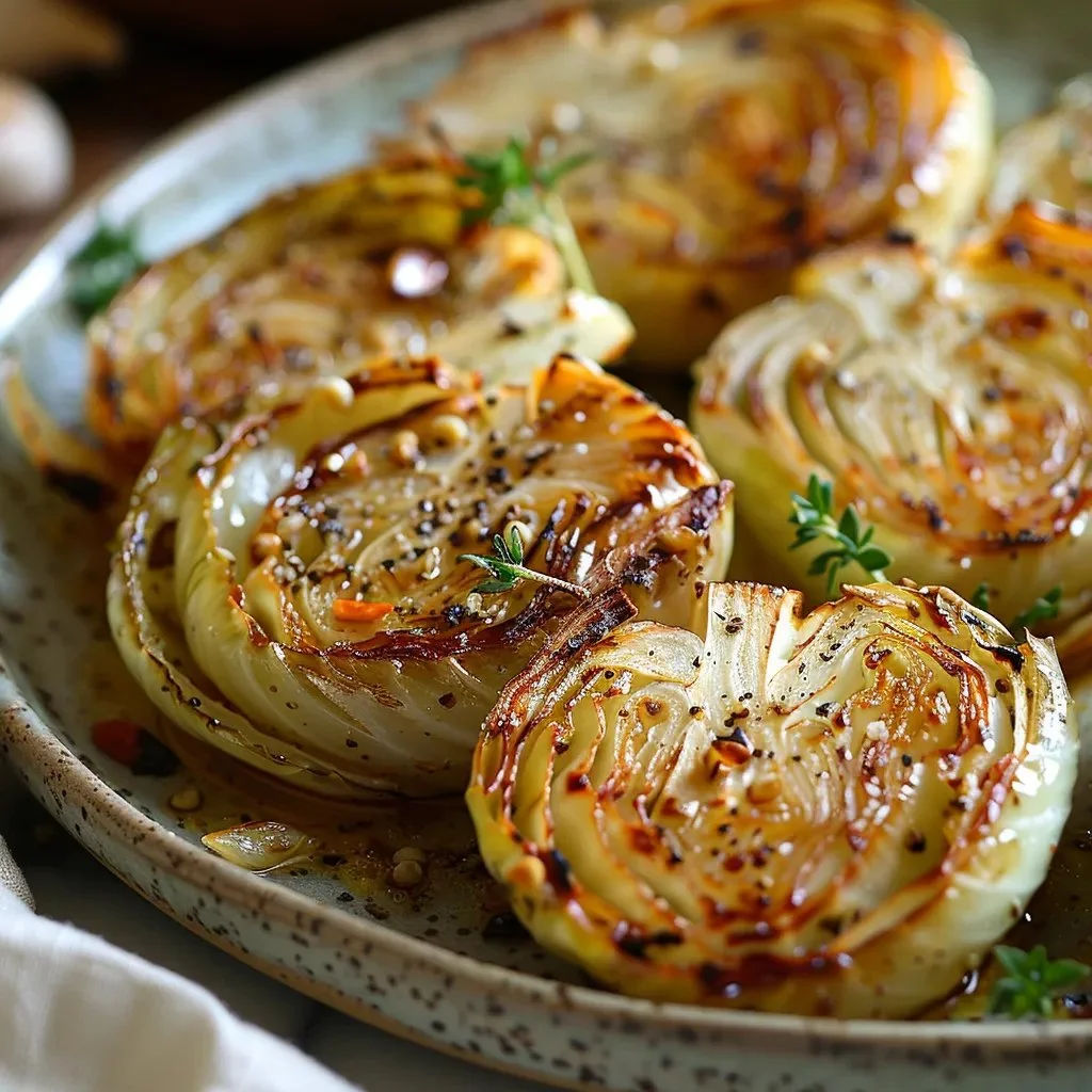 Oven-roasted garlic cabbage steaks served on a plate garnished with herbs