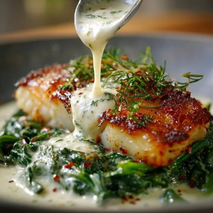 Pan-seared cod topped with garlic cream sauce over sautéed spinach