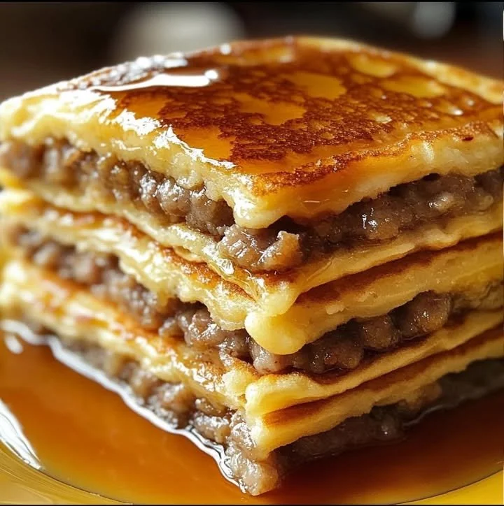 Delicious pancake sausage casserole served on a plate with syrup drizzle
