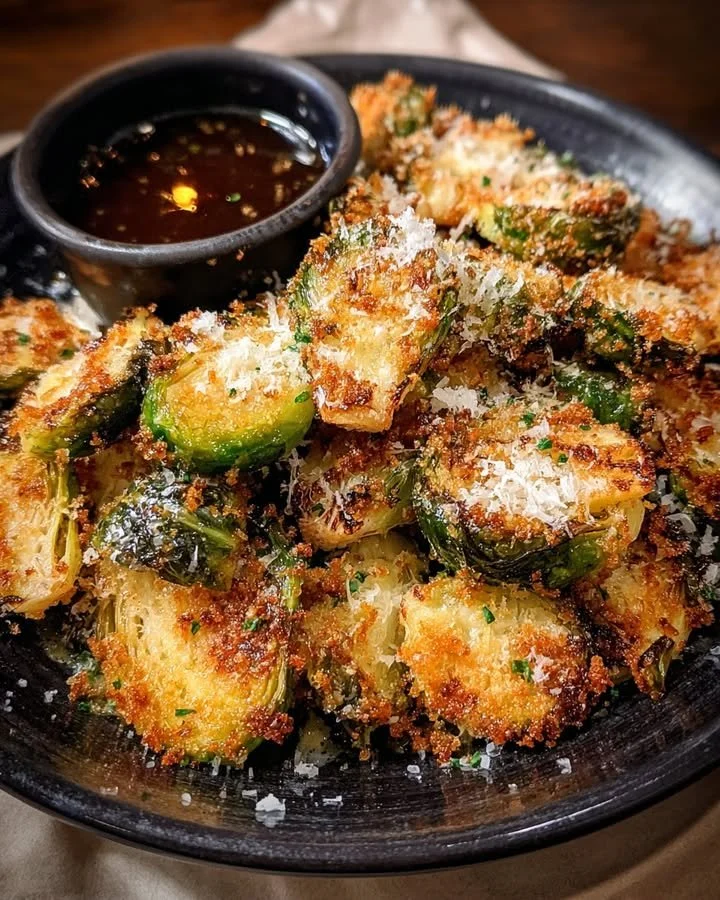Plate of Parmesan Crusted Brussels Sprouts with Hot Honey Mustard drizzle
