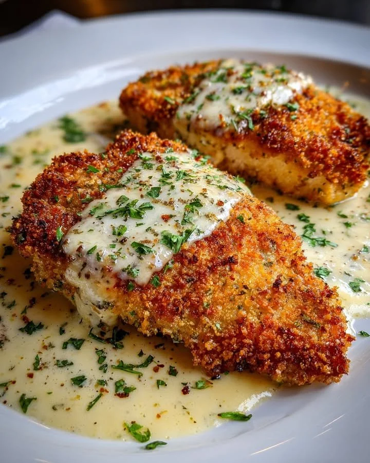Parmesan Crusted Chicken plated with herbs and vegetables
