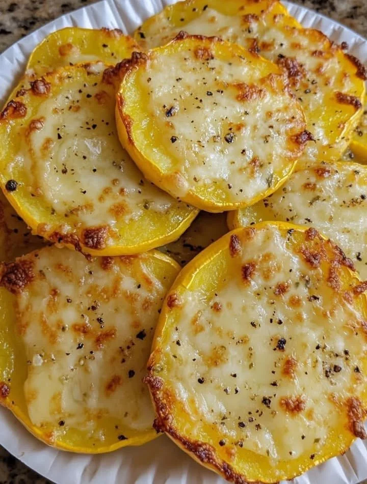Delicious Parmesan roasted squash served on a plate garnished with herbs