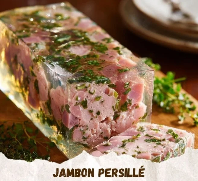 Parsleyed ham terrine served on a platter with garnishes