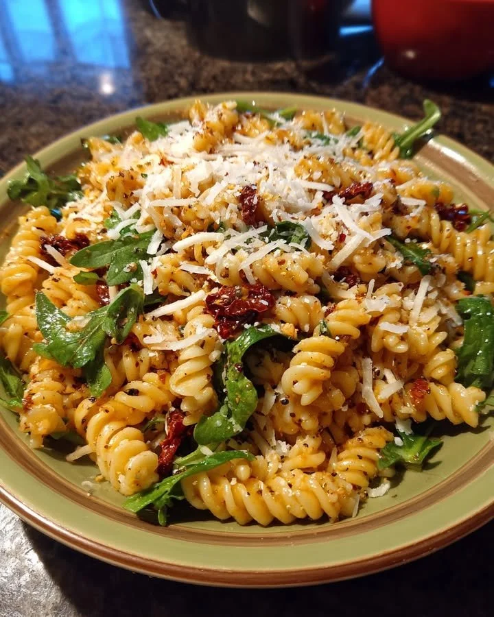 Pasta salad with sun-dried tomatoes and arugula in a bowl