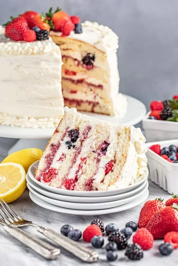 Delicioso pastel de Chantilly decorado con frescas berries