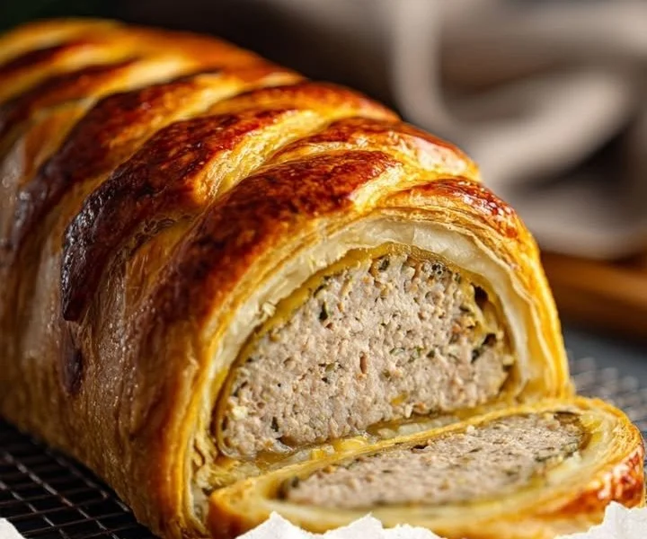 Delicious pâté encased in a flaky pastry crust ready to serve