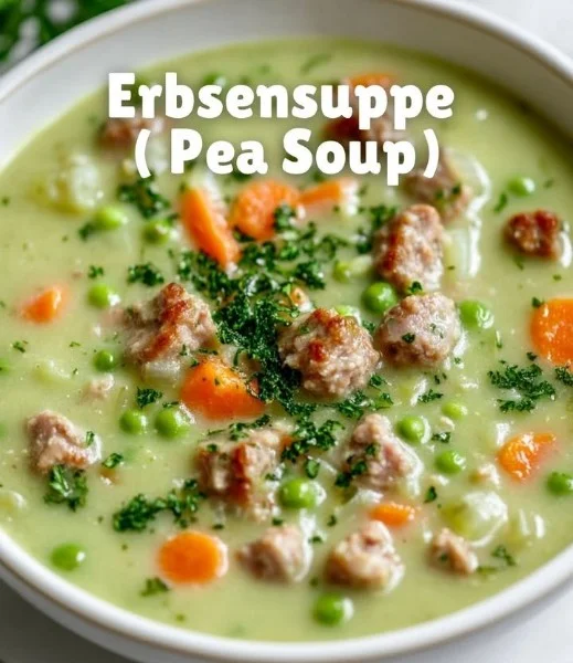 Bowl of creamy pea soup with fresh herbs and croutons on top.