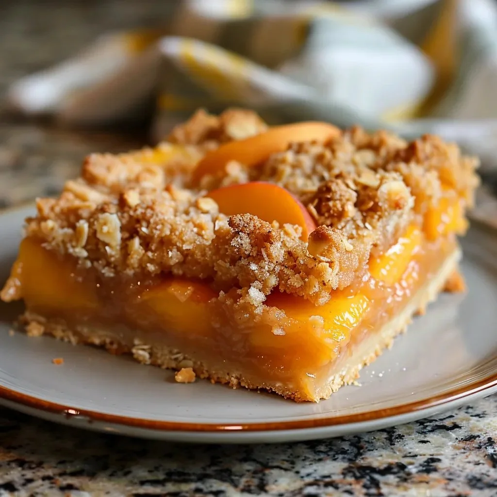Delicious Peach Crumble Bars with a golden crust and juicy peach filling