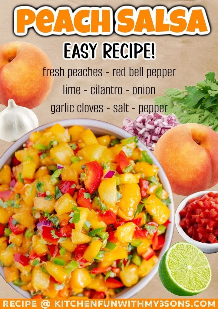 Freshly made Peach Salsa in a bowl with cilantro and lime