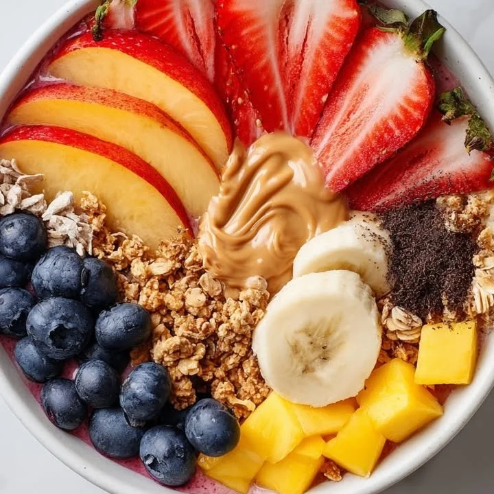 Healthy Peanut Butter Fruit Yogurt Bowl with colorful fresh fruits